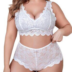 Plus Size Lingerie Set for Women Sexy Lace Halter Bralette High Waist Panty Set